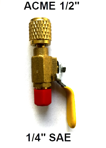 Ventil für Kältemittel Flasche R32 / R290 / R1234yf 1/2'' ACME links auf 1/4''