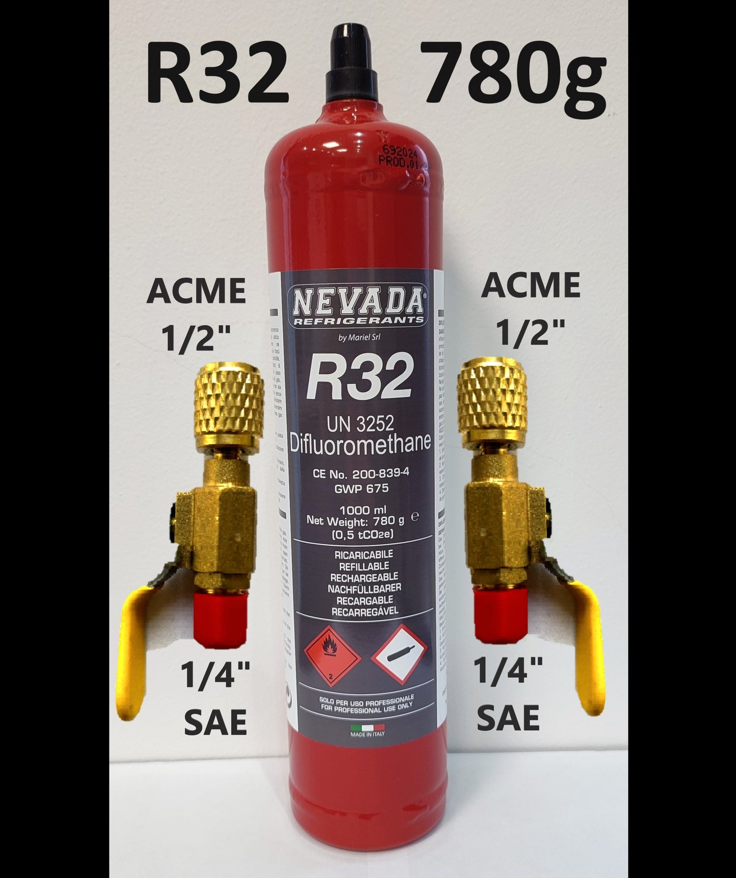 Refrigerant R32 1L 780g with or without valve, for air conditioning and heat pump
