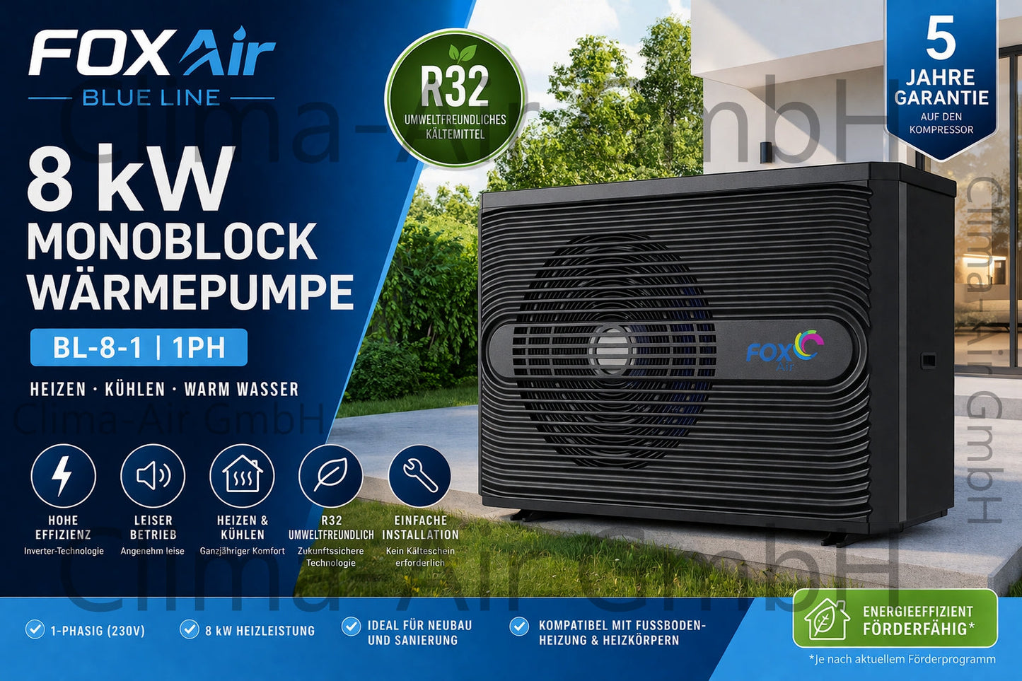 Monoblock Wärmepumpe FoxAir Blue Line 8 kW R32 1PH BL-8-1 | Heizung + Kühlung | Neu