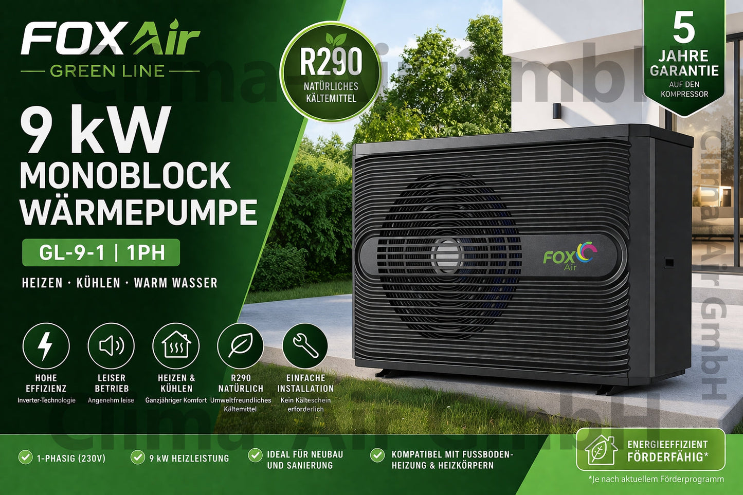 Monoblock Wärmepumpe FoxAir Green Line 9 kW R290 1PH GL-9-1 | Heizen & Kühlen | Neu