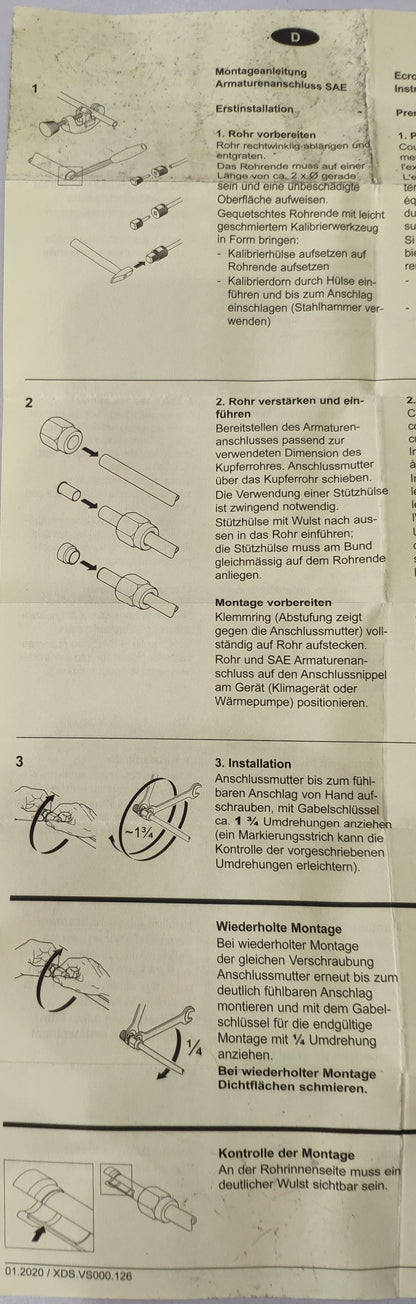Armacell SAE fittings for refrigerant lines 1/4" + 3/8" + 1/2" for copper pipe, without flaring