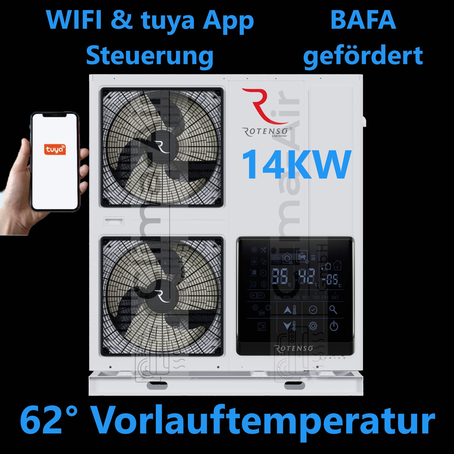 Rotenso Windmi Wärmepumpe Monoblock Luft-Wasser 14KW WIM140X3 BAFA Wifi A+++, Heizen Kühlen