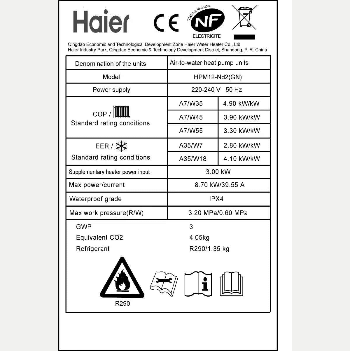 Haier Monoblock 12 kW air/water heat pump HPM12-Nd2 R290 A+++