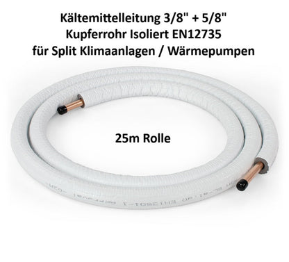 Kältemittelleitung 25m 3/8" + 5/8" Kupferrohr Isoliert für Klimaanlage & Wärmepumpe