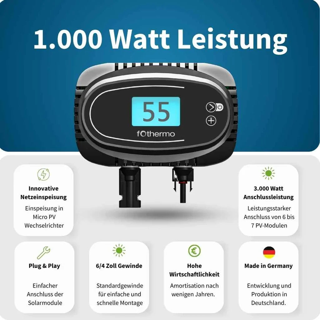 fothermo Photovoltaik Heizstab 1000 W | Solar Heizstab | PV Warmwasser | MC4