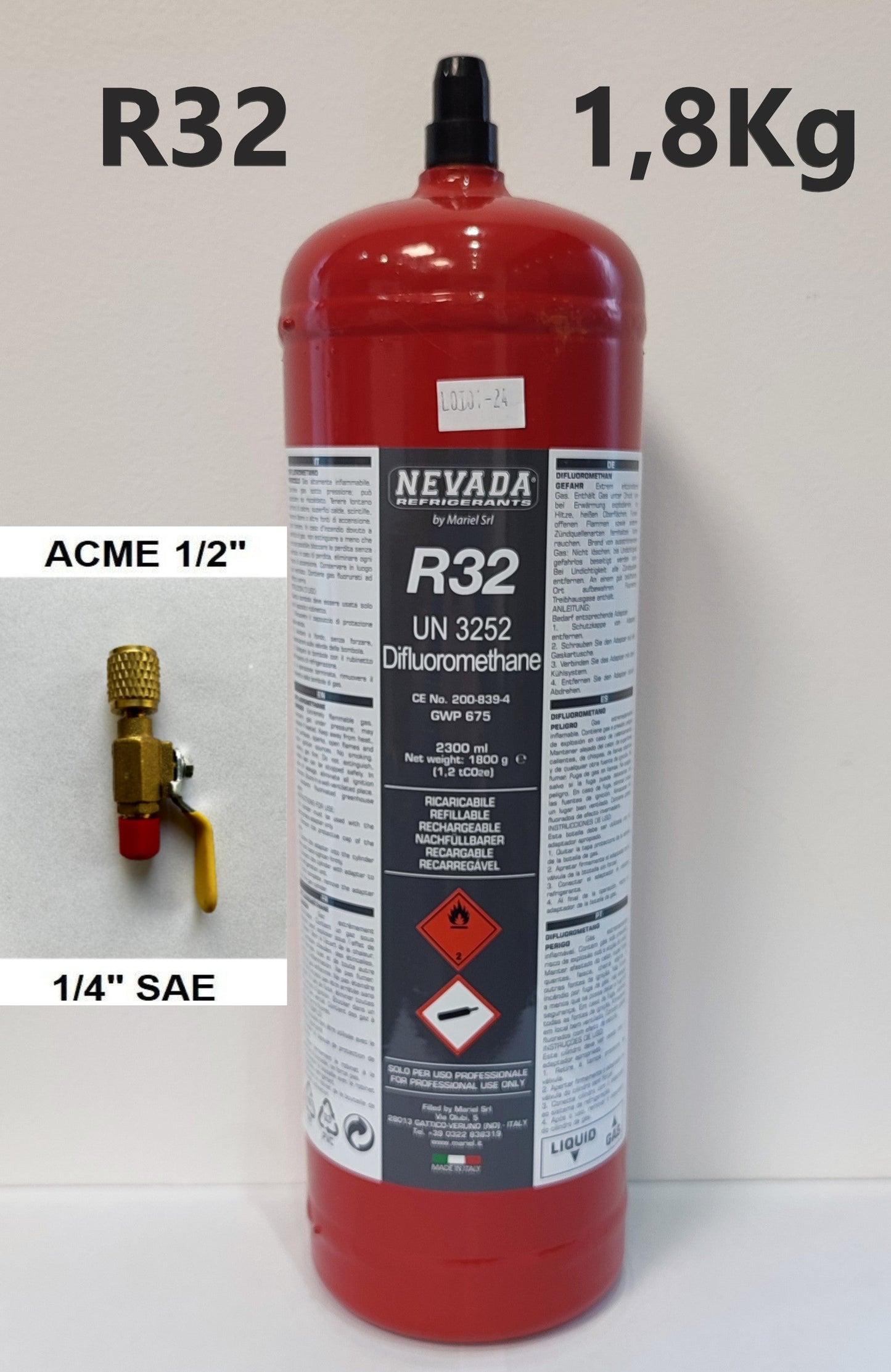 Nevada refrigerant R32 2.3L 1800g with or without valve, for air conditioning and heat pump